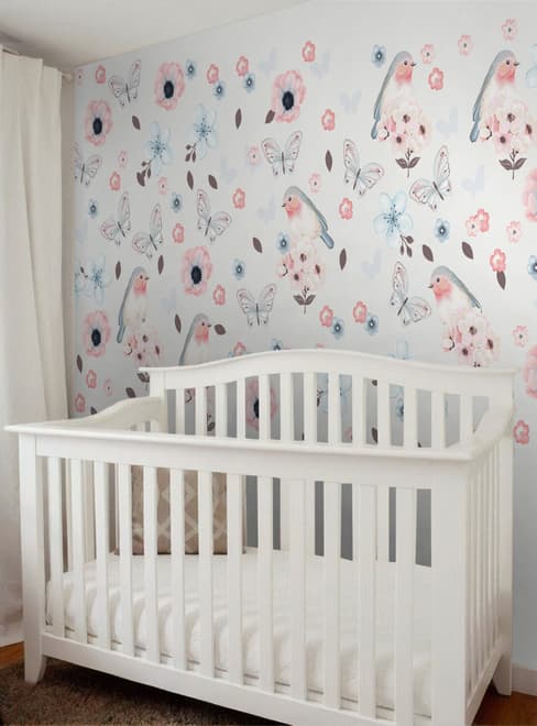 Aquarelle rose bleu fleurs avec oiseaux et papillons Stickers muraux