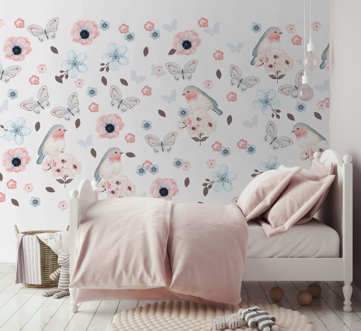 Aquarelle rose bleu fleurs avec oiseaux et papillons Stickers muraux
