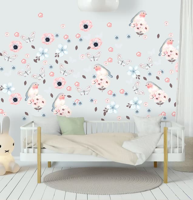 Aquarelle rose bleu fleurs avec oiseaux et papillons Stickers muraux