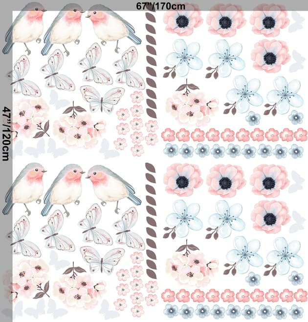 Aquarelle rose bleu fleurs avec oiseaux et papillons Stickers muraux