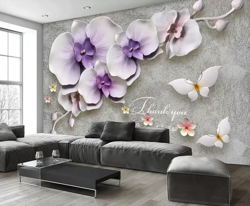 Papier peint panoramique orchidées violettes effet relief 3D