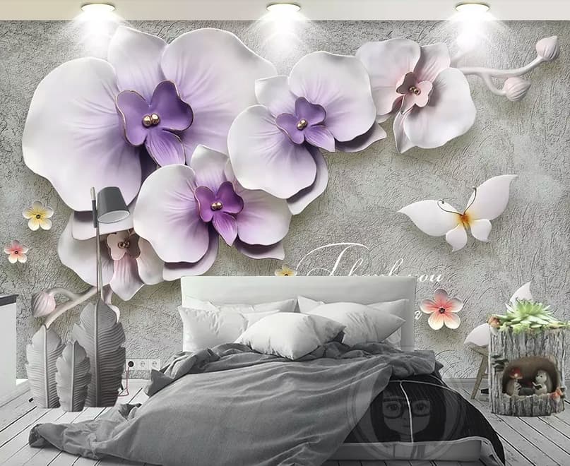 3D Embossed Look Purple Orchids Wallpaper Mural