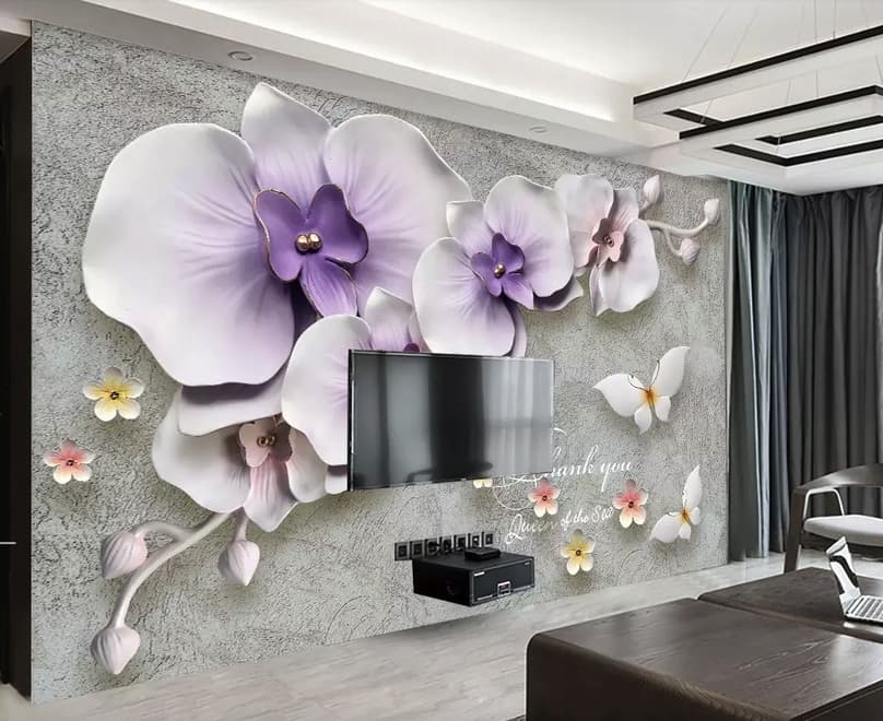 3D Embossed Look Purple Orchids Wallpaper Mural