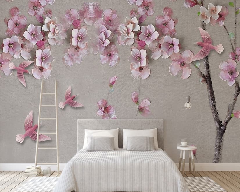Papier peint panoramique fleurs de cerisier avec oiseaux roses