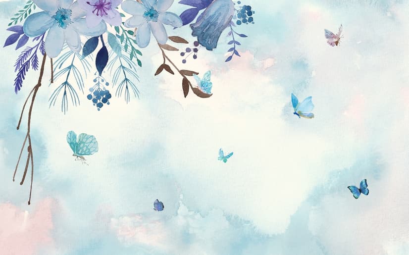 Papier peint panoramique bleu violet avec petit papillon