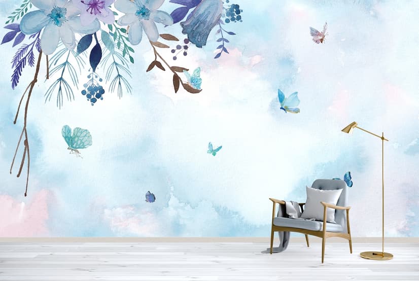 Papier peint panoramique bleu violet avec petit papillon