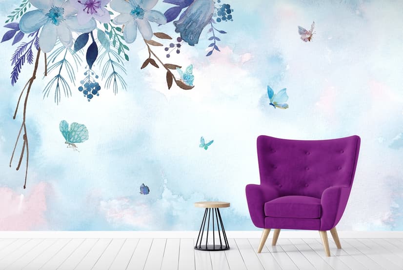 Papier peint panoramique bleu violet avec petit papillon