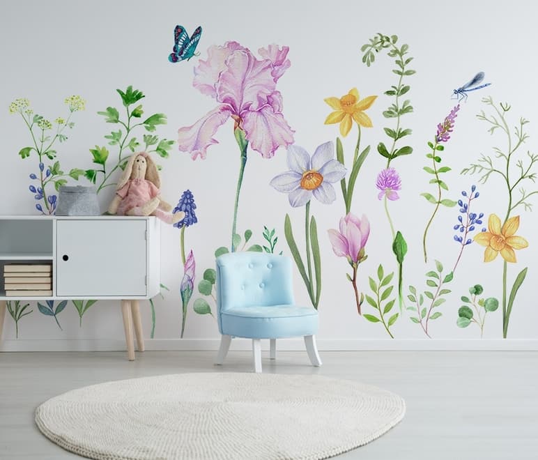 Papier peint panoramique de fleurs colorées de dessins animés