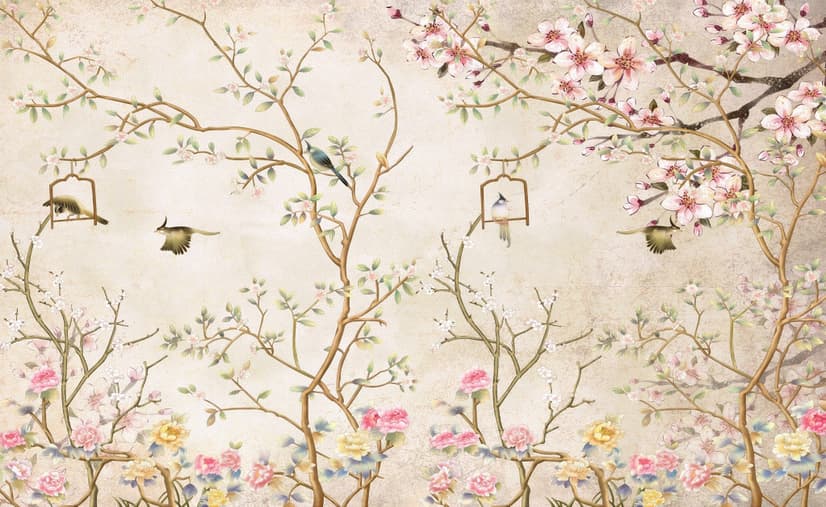 Papier peint fleurs chinoises douces petits oiseaux