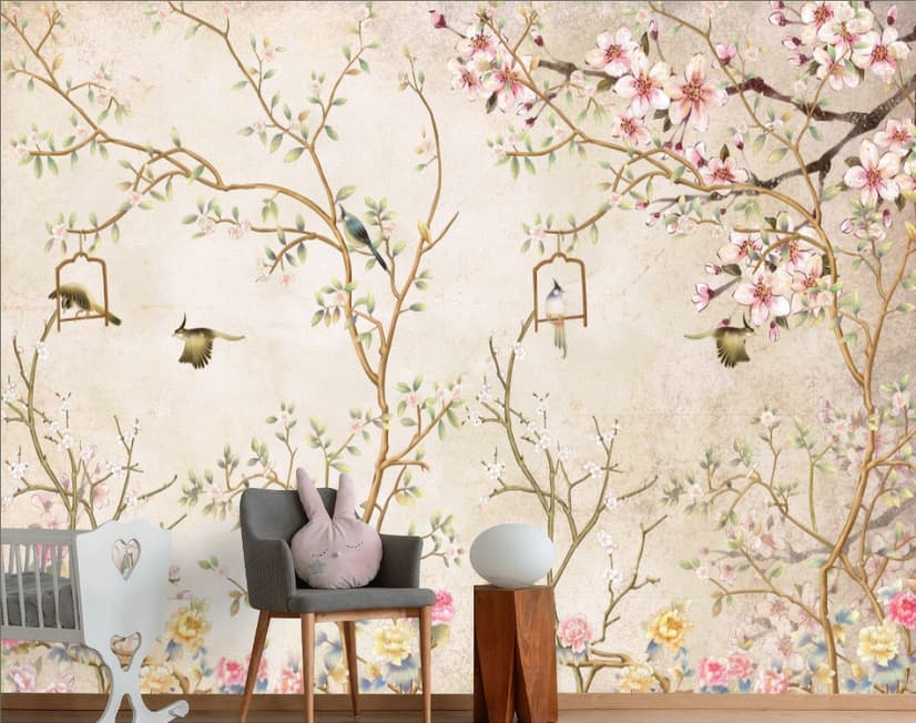 Soft Chinese Florals with Little Birds Wallpaper Mural