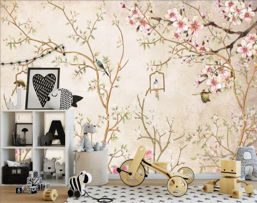 Papier peint fleurs chinoises douces petits oiseaux