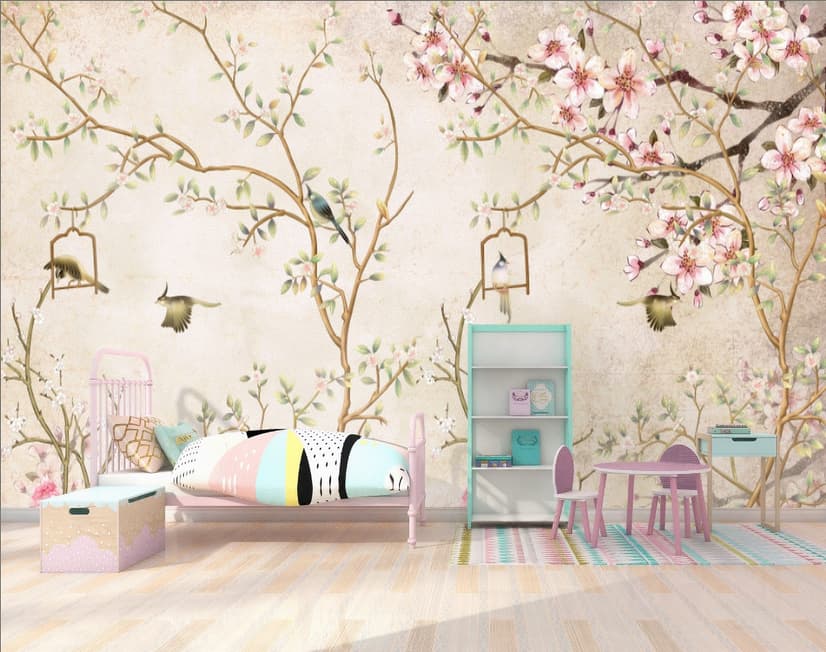 Papier peint fleurs chinoises douces petits oiseaux