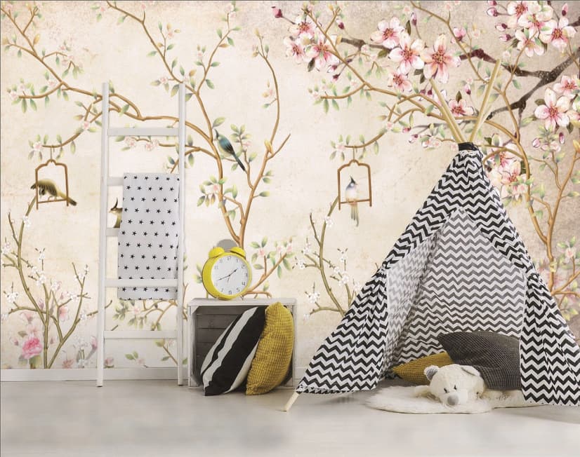 Papier peint fleurs chinoises douces petits oiseaux