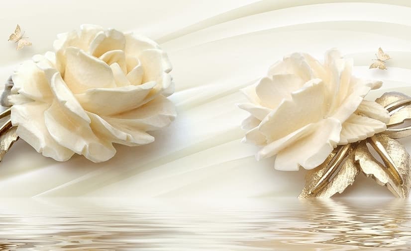 Cream Rose Floral with Water Pattern Wallpaper Mural