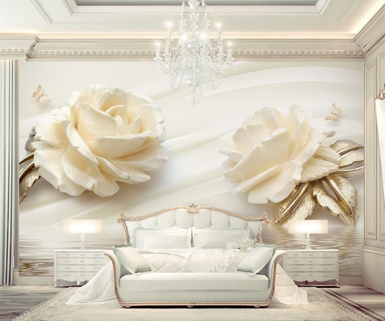 Cream Rose Floral with Water Pattern Wallpaper Mural