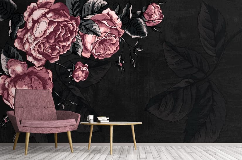Dark Floral Peony Flower Drawing Wallpaper Mural
