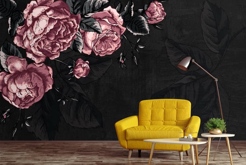 Dark Floral Peony Flower Drawing Wallpaper Mural