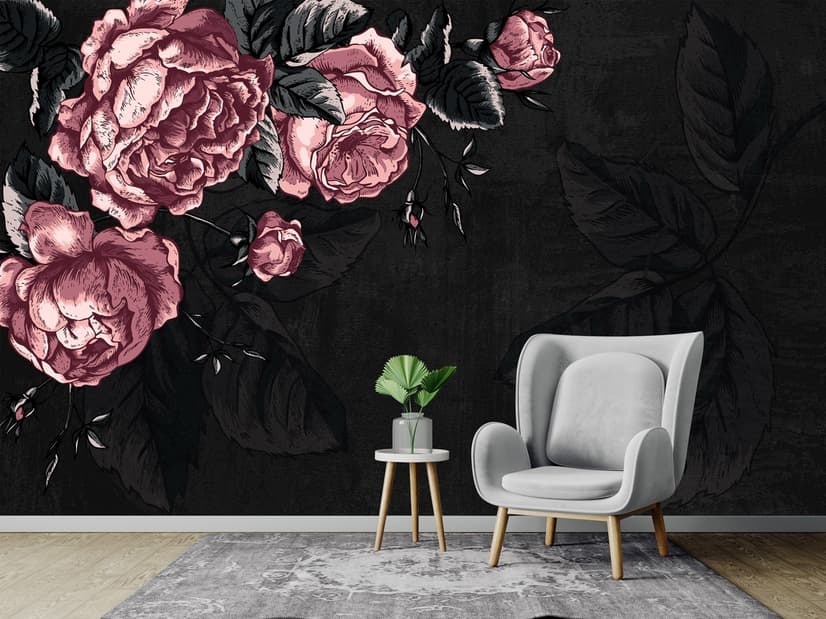 Dark Floral Peony Flower Drawing Wallpaper Mural