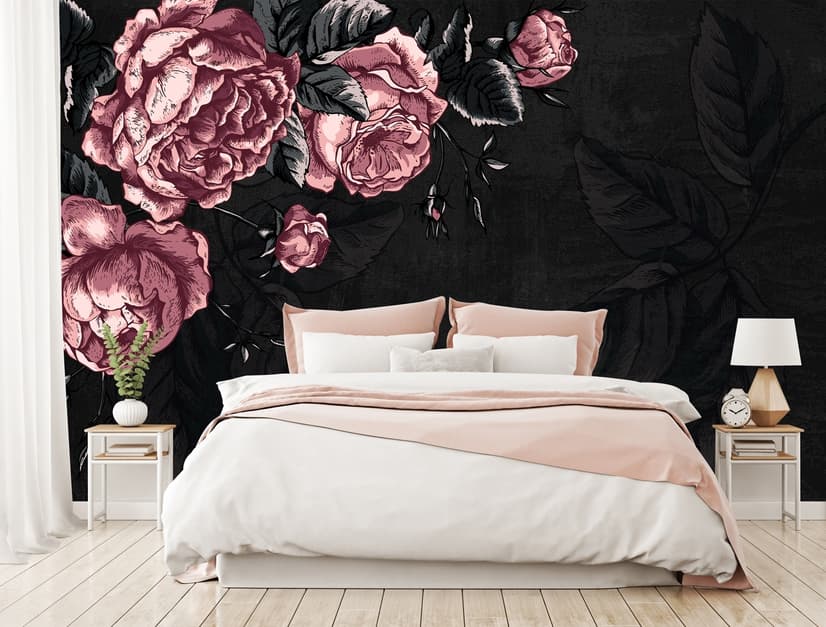 Dark Floral Peony Flower Drawing Wallpaper Mural
