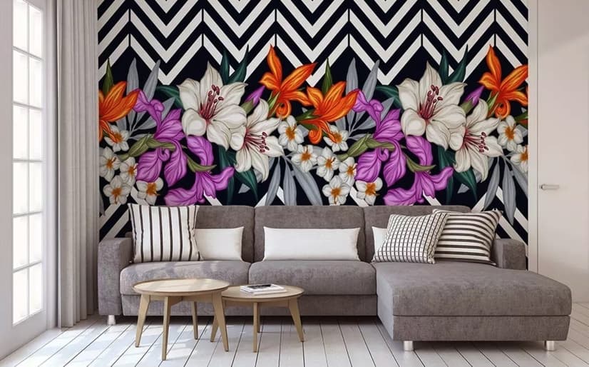 Papier peint panoramique fleurs colorées avec motif rayé noir et blanc