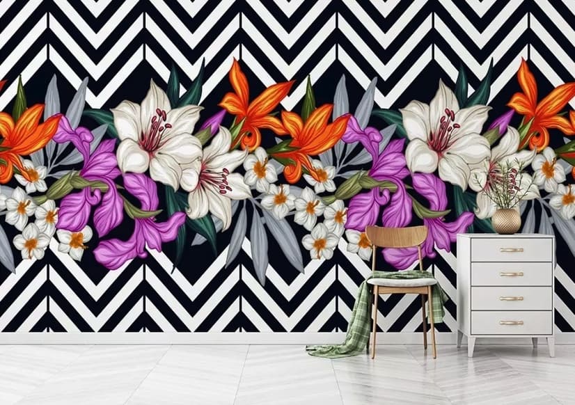 Colorful Flowers with Black White Stripe Patterned Wallpaper Mural