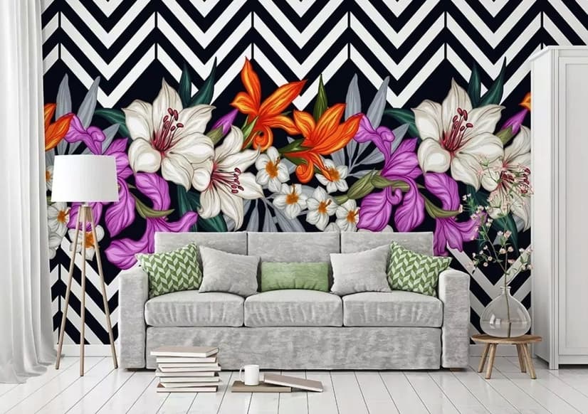 Colorful Flowers with Black White Stripe Patterned Wallpaper Mural