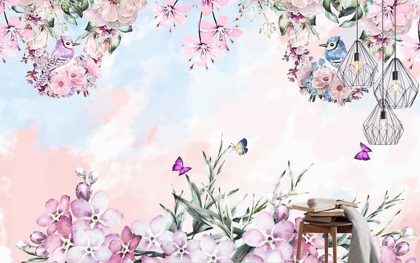 Papier peint panoramique aquarelle rose et fleurs de jardin