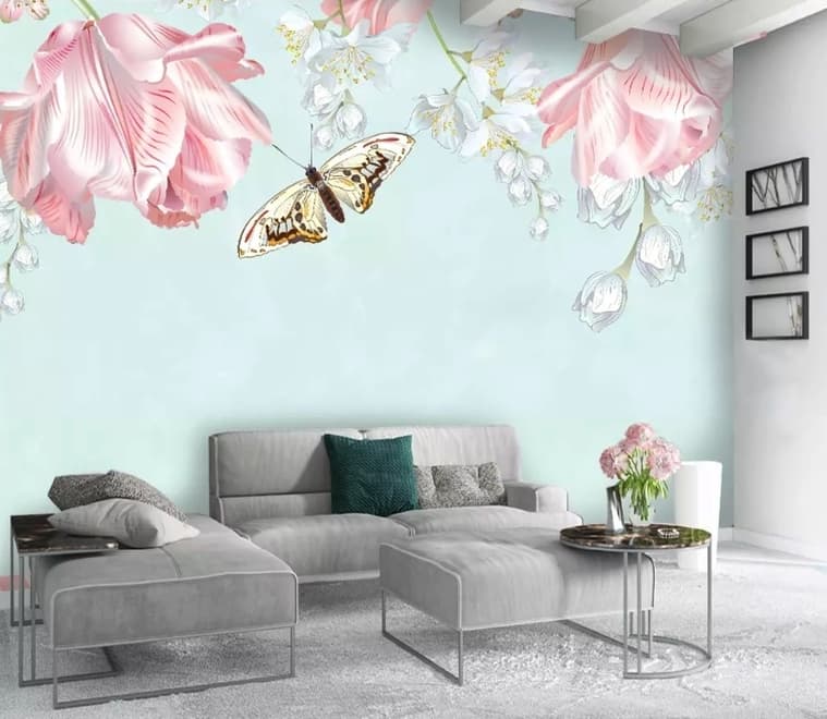 Pink Floral and Yellow Butterfly Wallpaper Mural