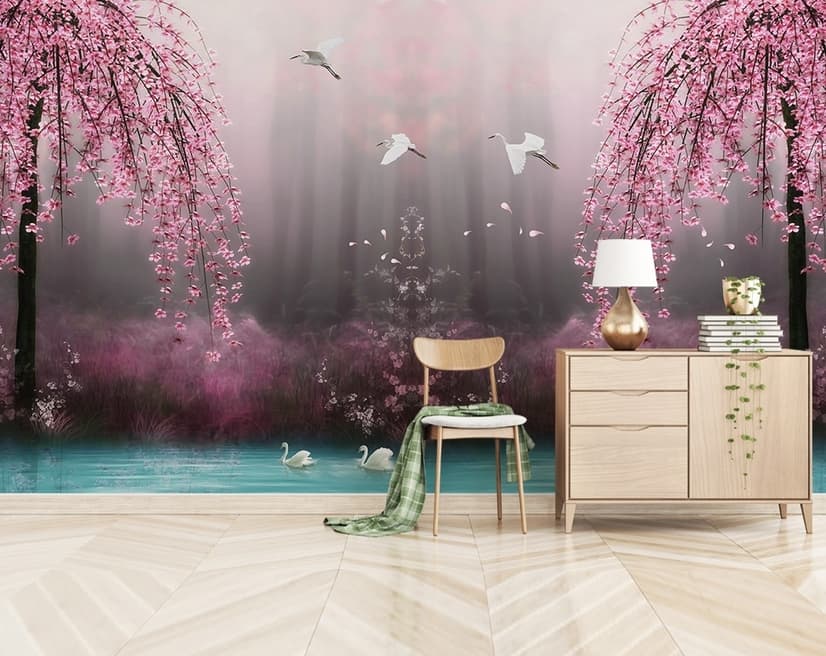 Papier peint panoramique Sakura, fleurs de cerisier roses