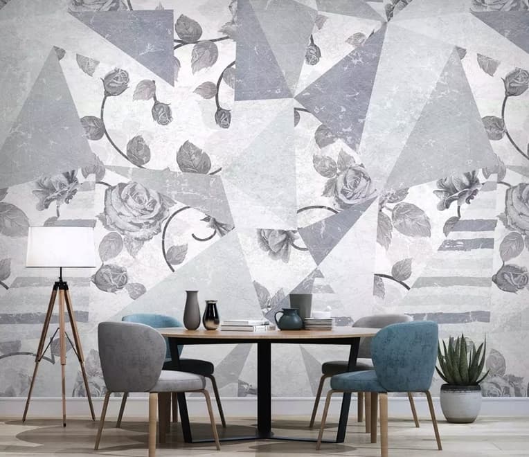 Rose Floral with Geometric Pattern Wallpaper Mural