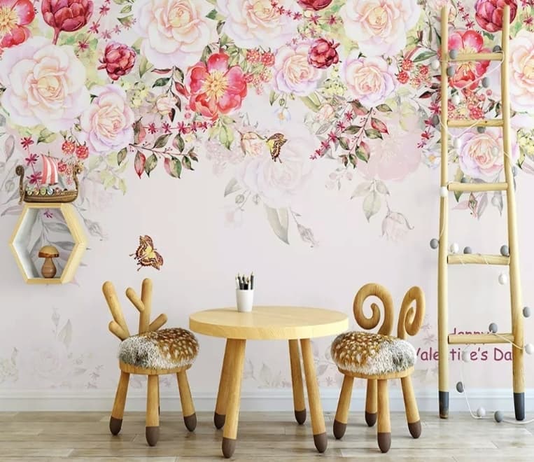 Fototapete Rosa Blumen und Schmetterlinge
