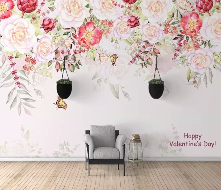 Fototapete Rosa Blumen und Schmetterlinge