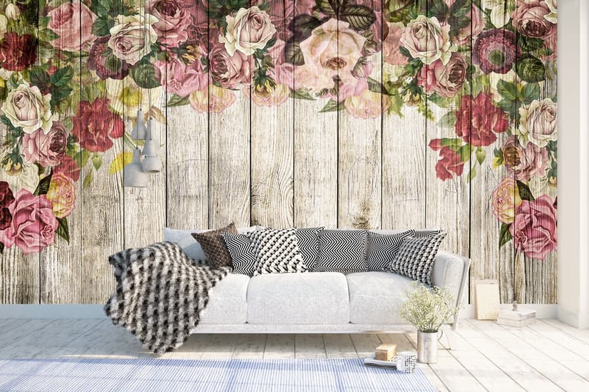 Papier peint panoramique floral vintage avec bois