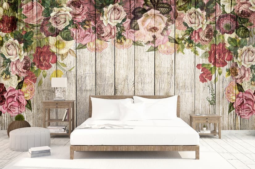Vintage Floral with Wood Wall Wallpaper Mural