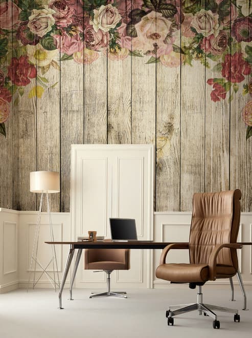 Vintage Floral with Wood Wall Wallpaper Mural