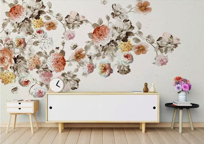 Vintage Orange Brown Flowers Wallpaper Mural
