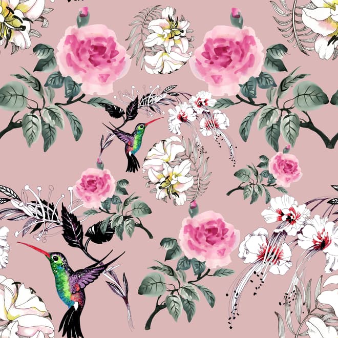 Vintage Pink Floral with Little Birds Wallpaper Mural