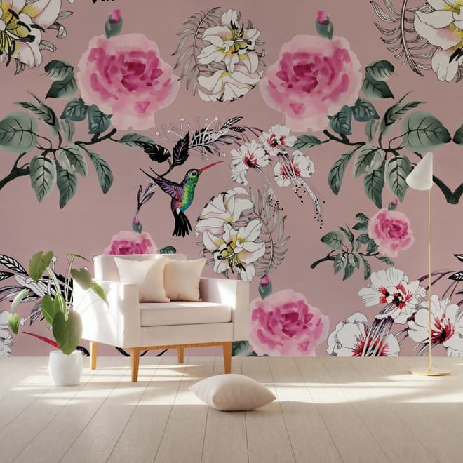 Vintage Pink Floral with Little Birds Wallpaper Mural