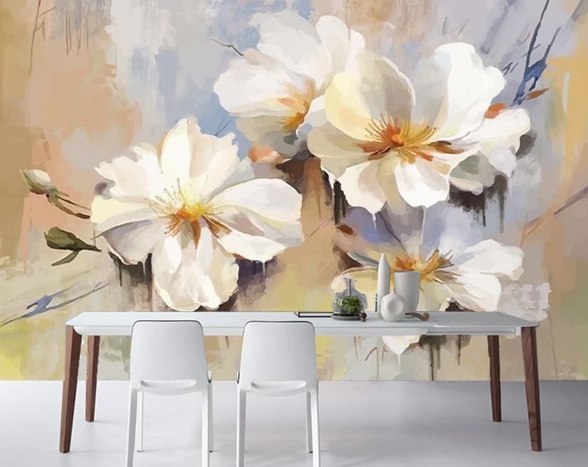Oil Painting White Floral Wallpaper Mural
