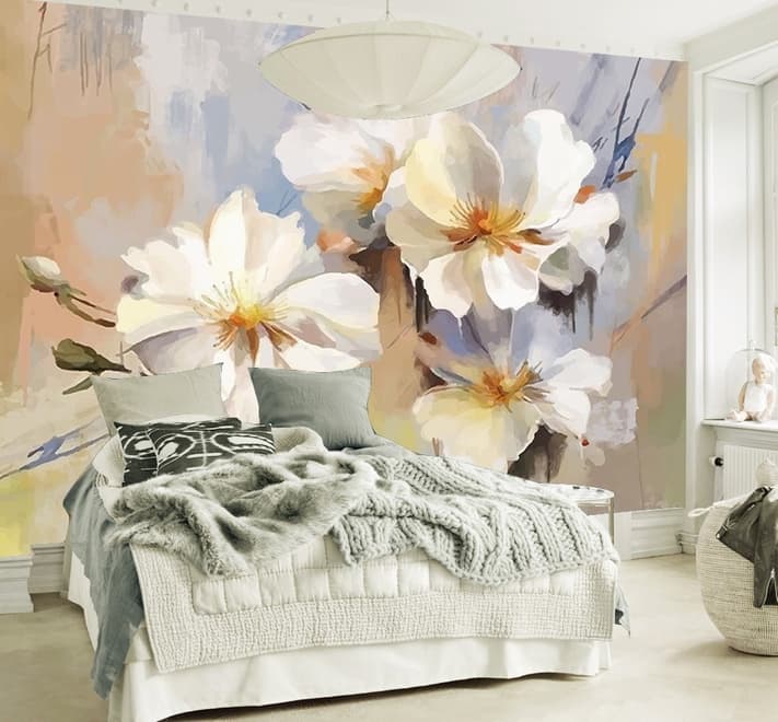 Oil Painting White Floral Wallpaper Mural