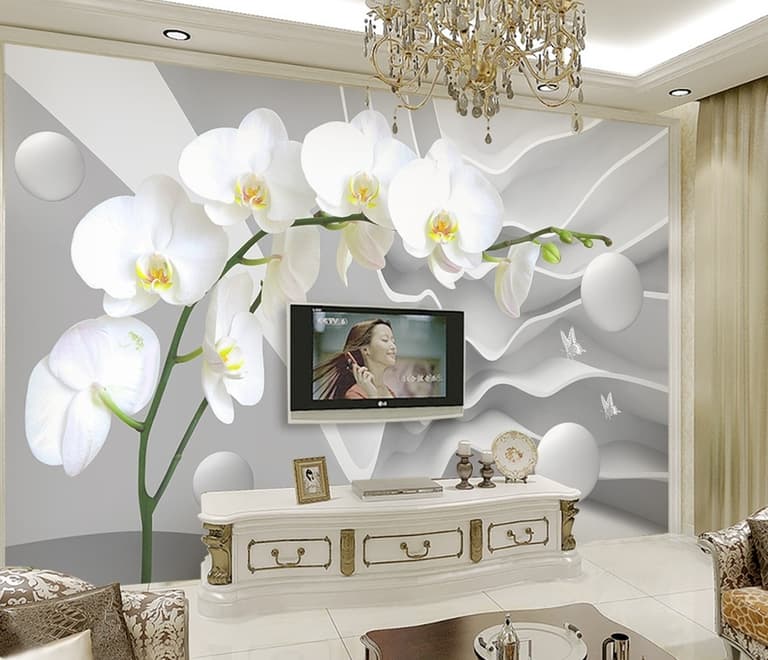 Papier peint floral d'orchidées blanches avec rayures abstraites