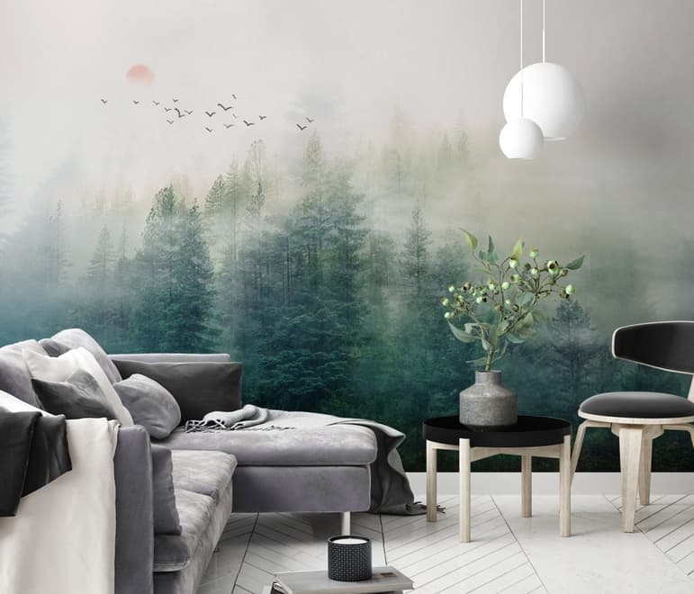 Papier peint forêt brumeuse et lever de soleil
