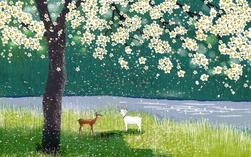 Watercolor Forest with Peach Blossom Wallpaper Mural