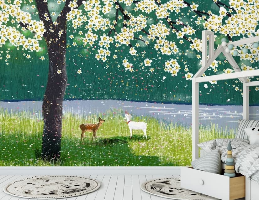 Aquarell Wald mit Pfirsichblüten Fototapete