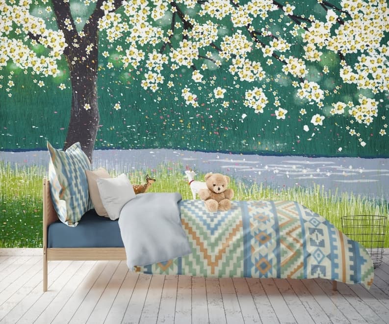 Watercolor Forest with Peach Blossom Wallpaper Mural