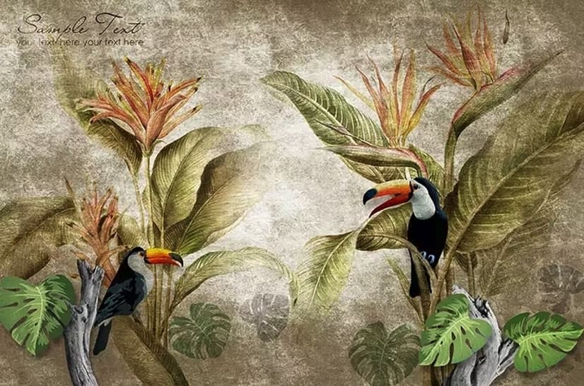 Papier peint panoramique nostalgique Toucan dans la forêt tropicale