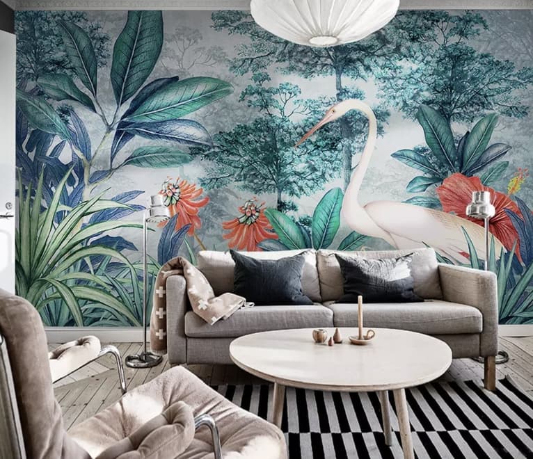 Watercolor Painting Forest and Storks Wallpaper Mural