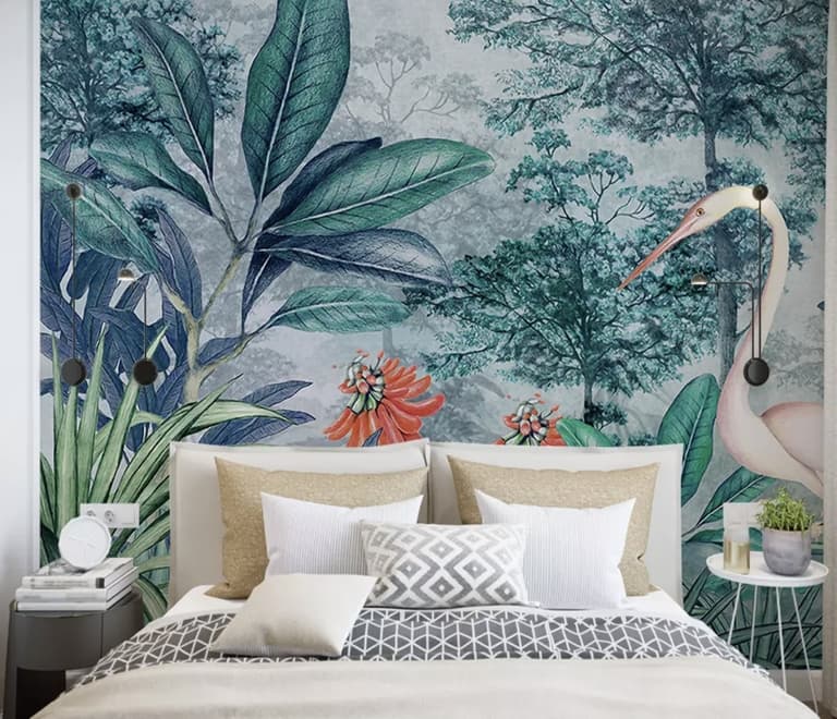 Watercolor Painting Forest and Storks Wallpaper Mural