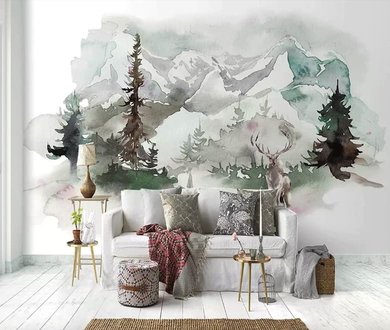 Papier peint forêt d'hiver et cerfs à cornes