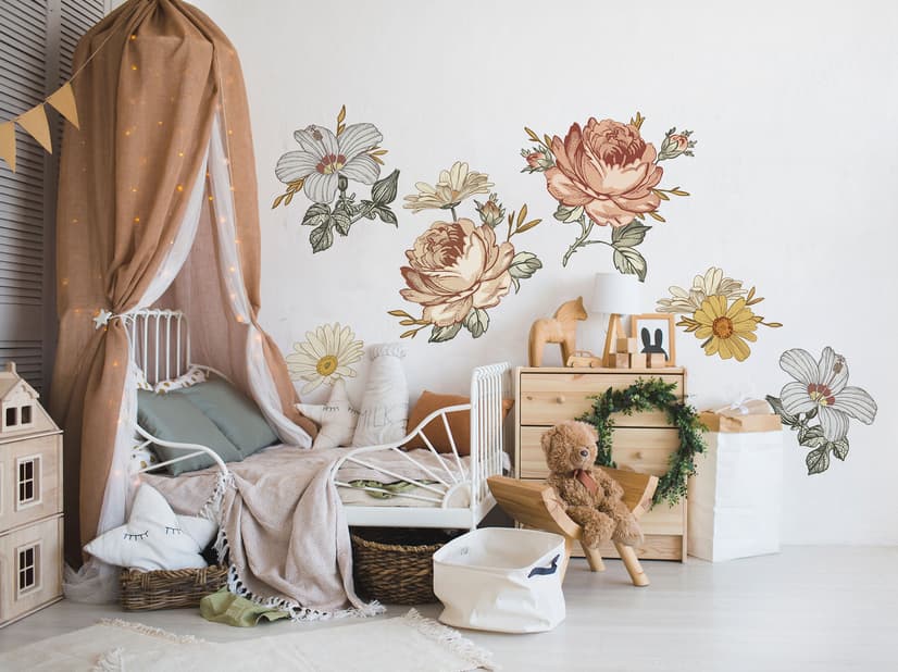 Nursery Soft Vintage Peony Floral Wall Decal Sticker